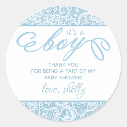 Its a Boy Fancy Blue  White Lace Baby Shower Classic Round Sticker