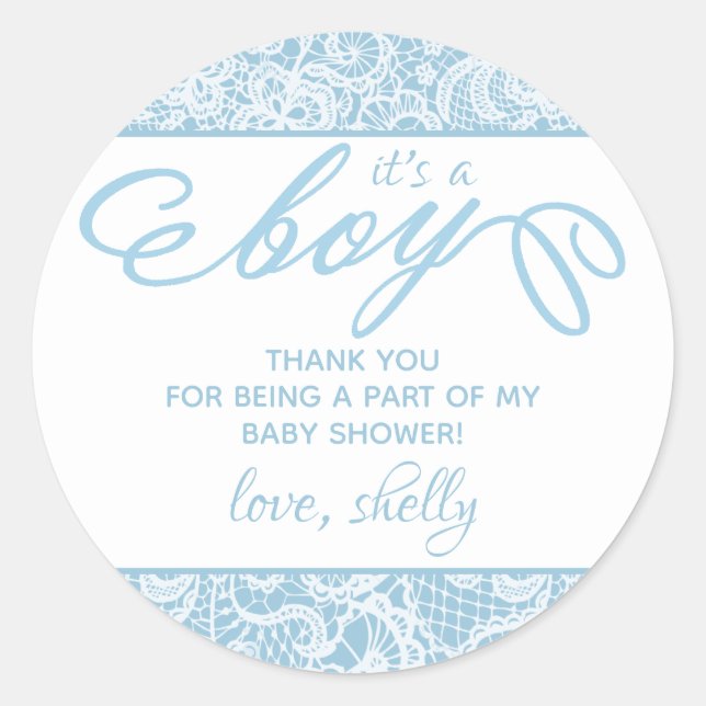 It's a Boy! Fancy Blue & White Lace Baby Shower Classic Round Sticker (Front)