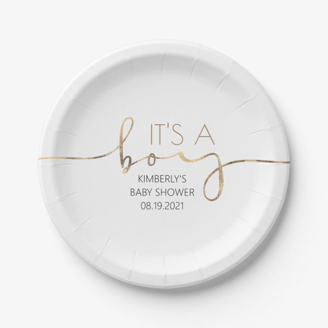 It's A Boy Faux Gold Script Baby Shower Modern Paper Plates (Front)