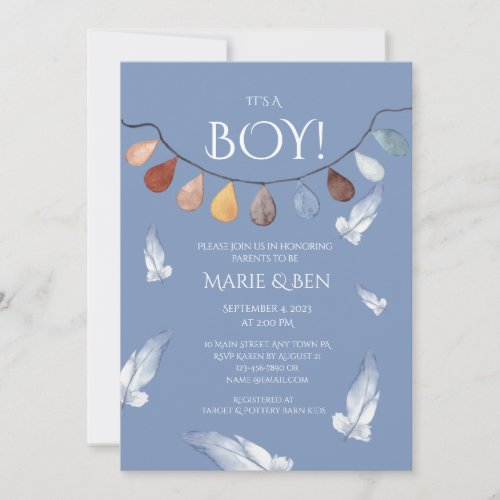 Its a boy feathers baby shower invitations