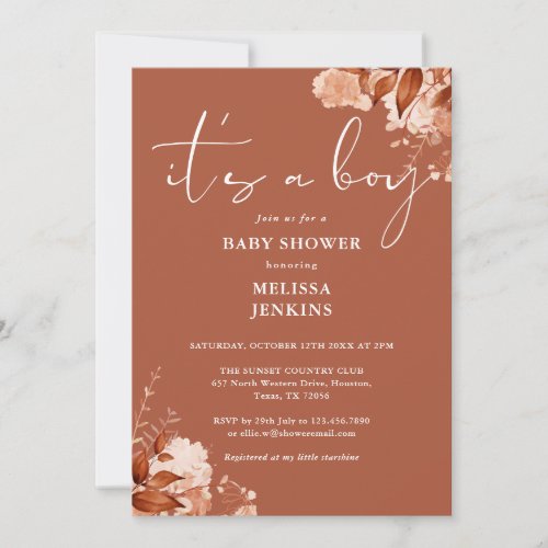 Its A Boy Floral Autumn Fall Baby Shower Invitation