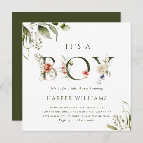 Its a Boy Floral Botanical Letter Baby Shower  Invitation