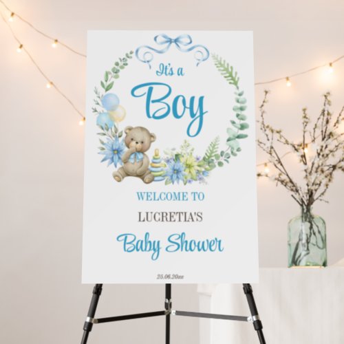 Its a boy floral wreath baby shower welcome sign