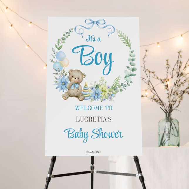 It's a boy floral wreath baby shower welcome sign (In Situ (Stand))