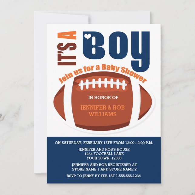 It's a Boy Football Blue Orange Baby Shower Invitation (Front)