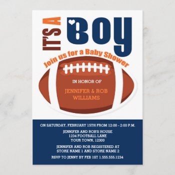 It's A Boy Football Blue Orange Baby Shower Invitation by prettypicture at Zazzle