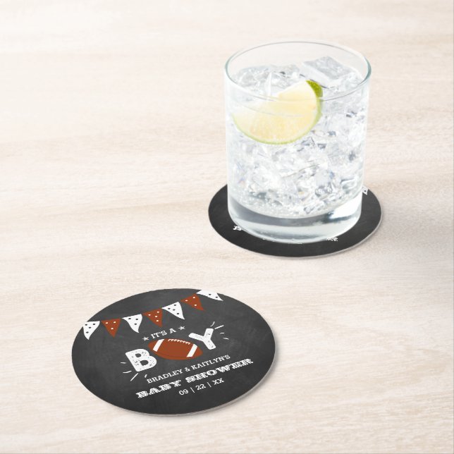 It's A Boy! Football Themed Co-ed Baby Shower Round Paper Coaster (Insitu)