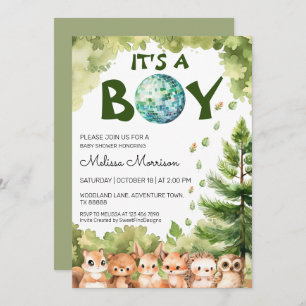 It's A Boy Forest Disco Ball Baby Boy Shower Invitation