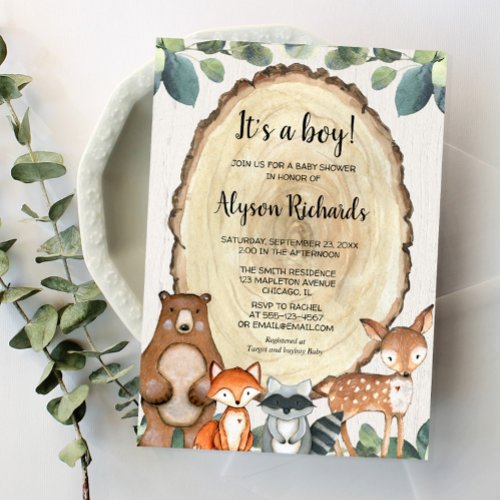 Its a boy forest friends woodland baby shower invitation