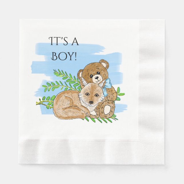 It's a Boy, Fox and Teddy Bear Baby Shower Napkins (Front)