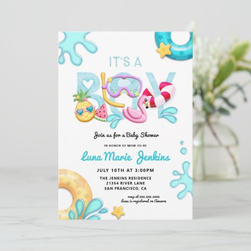 It's a Boy Fun Summer Tropical Pool Baby Shower Invitation Zazzle