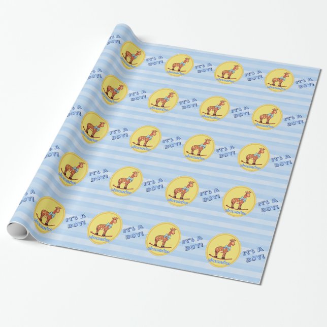 It's A Boy Giraffe Personalized Wrapping Paper (Unrolled)