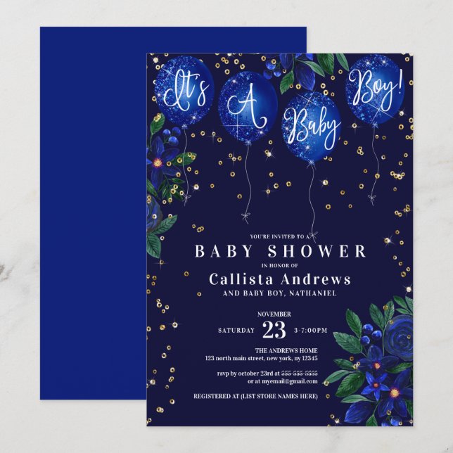 It's a Boy Glitter Balloons Floral Baby Shower Invitation (Front/Back)
