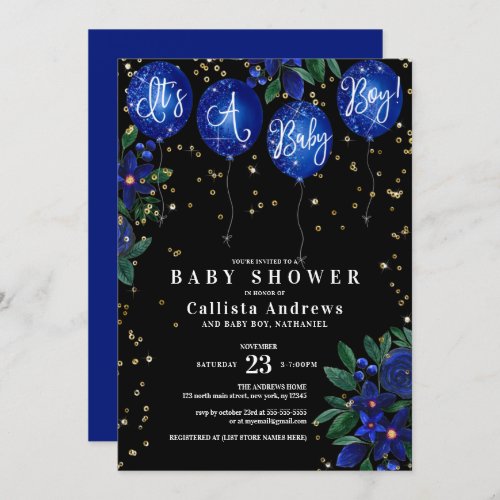 Its a Boy Glitter Balloons Floral Baby Shower Invitation