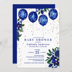 It's a Boy Glitter Balloons Floral Baby Shower Invitation