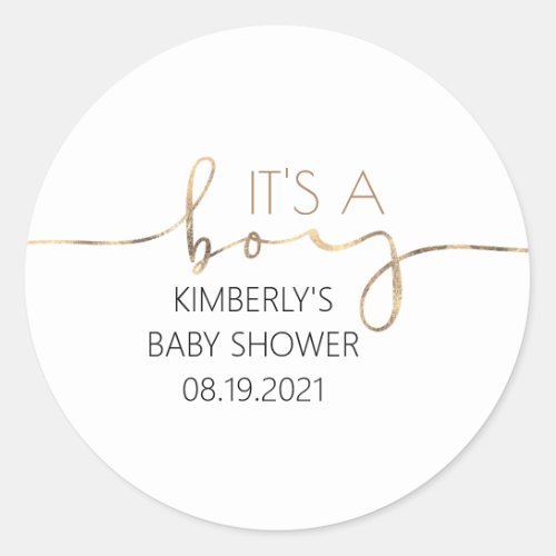 Its A Boy Gold Script Baby Shower Classic Round Classic Round Sticker