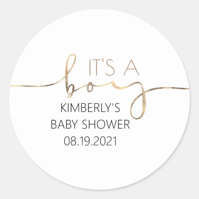 It's A Boy Gold Script Baby Shower Classic Round Sticker (Front)