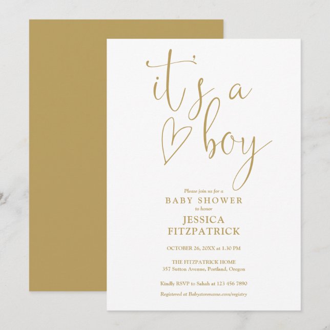 Its a Boy Gold Script Heart Boy Baby Shower Invitation (Front/Back)