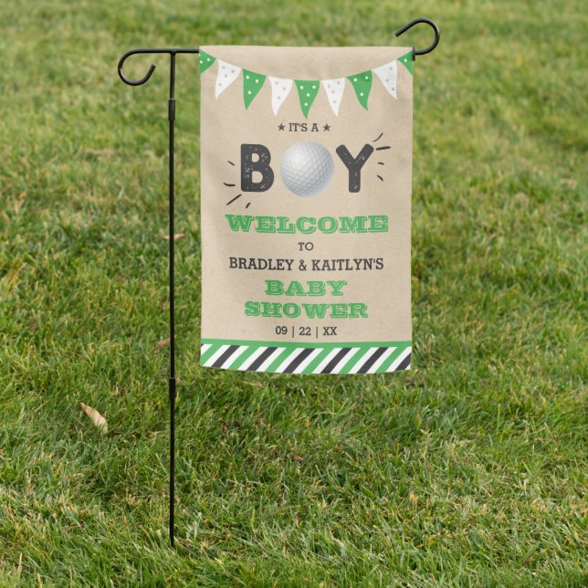 It's A Boy! Golf Themed Baby Shower Welcome Garden Flag (In SItu)