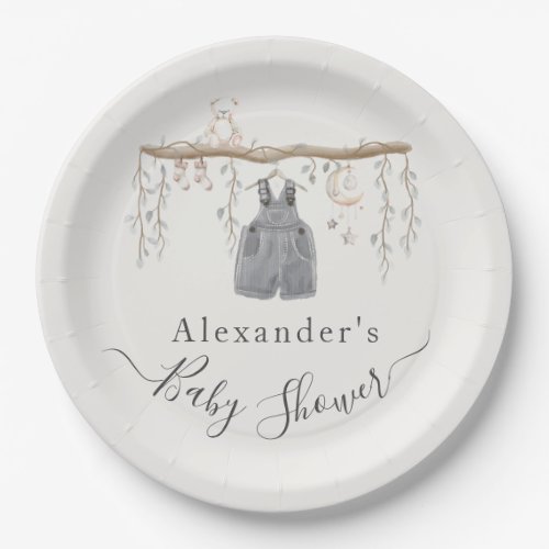 Its a Boy Gray Clothes Eucalyptus Baby Shower Paper Plates