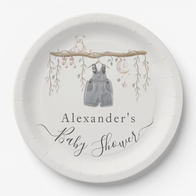 It's a Boy Gray Clothes Eucalyptus Baby Shower Paper Plates (Front)