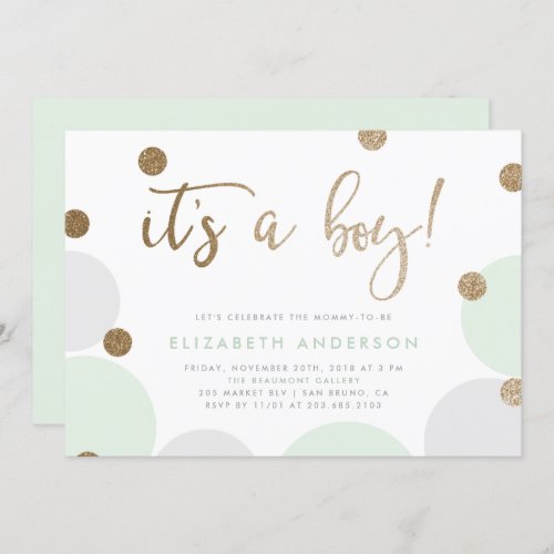 It's a Boy! | Green & Gold Confetti Baby Shower Invitation - Make your own "It's a Boy! | Green & Gold Confetti Baby Shower" invitations with these easy-to-customize templates by Eugene Designs. This cute baby shower design features a faux gold glitter calligraphy font with a modern, simple typography.