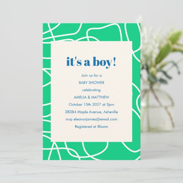 It's a Boy Green Modern Line Art Baby Shower  Invitation (Standing Front)
