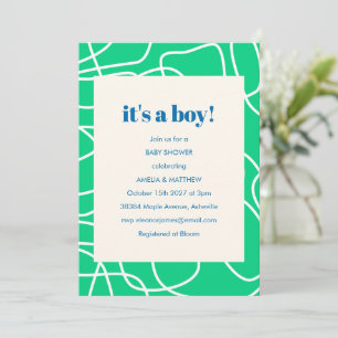 It's a Boy Green Modern Line Art Baby Shower Invitation
