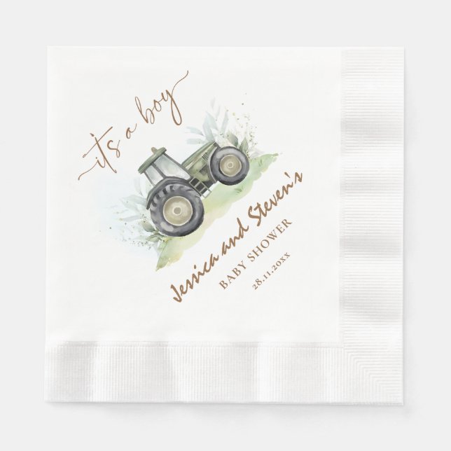 It's A Boy Green Tractor Baby Shower Farm Paper Napkins (Front)