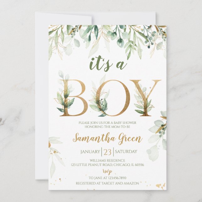 It's a Boy Greenery Baby Shower Invitation (Front)