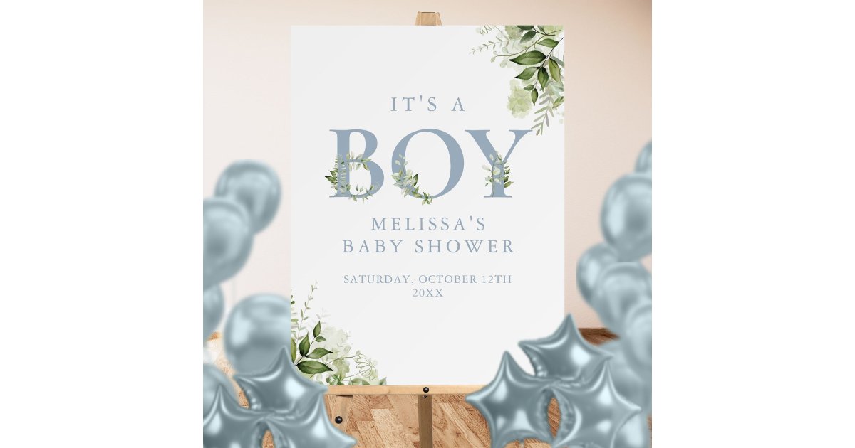 Its A Boy Greenery Blue Baby Shower Sign | Zazzle