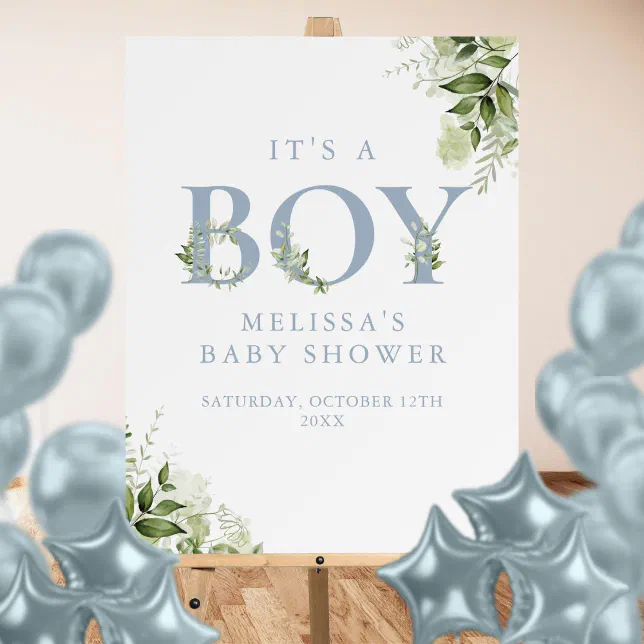 Its A Boy Greenery Blue Baby Shower Sign | Zazzle