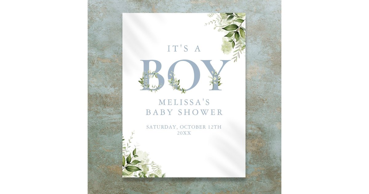 Its A Boy Greenery Blue Baby Shower Sign | Zazzle