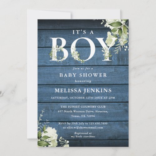 Its A Boy Greenery Blue Rustic Wood Baby Shower Invitation