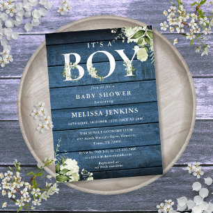 Its A Boy Greenery Blue Rustic Wood Baby Shower Invitation