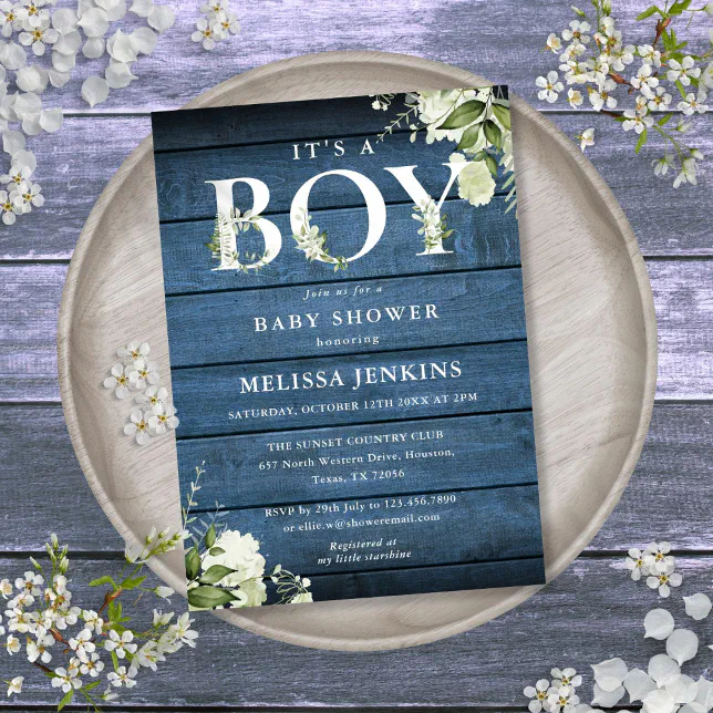 Its A Boy Greenery Blue Rustic Wood Baby Shower Invitation | Zazzle