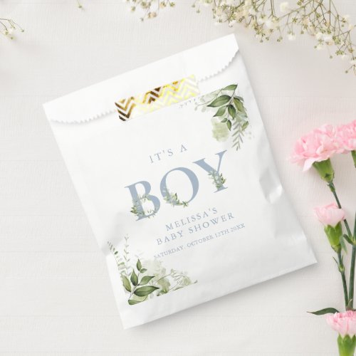 Its A Boy Greenery Dusty Blue Letter Baby Shower Favor Bag