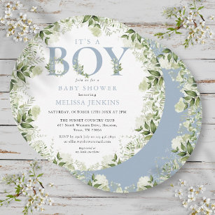 Its A Boy Greenery Dusty Blue Letter Baby Shower Invitation