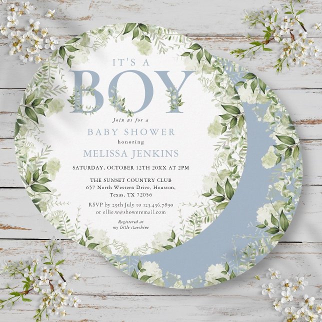 Its A Boy Greenery Dusty Blue Letter Baby Shower Invitation (Its A Boy Greenery Dusty Blue Letter Baby Shower Invitation)