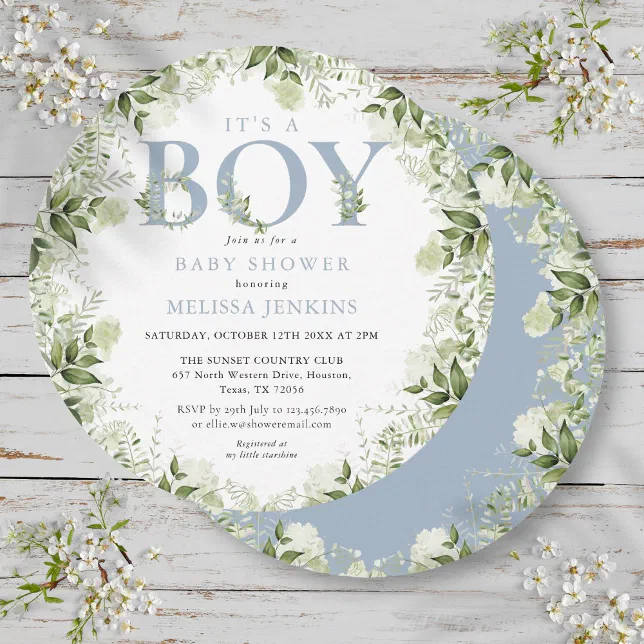 Its A Boy Greenery Dusty Blue Letter Baby Shower Invitation | Zazzle