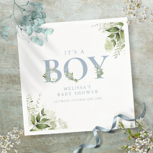 Its A Boy Greenery Dusty Blue Letter Baby Shower Napkins
