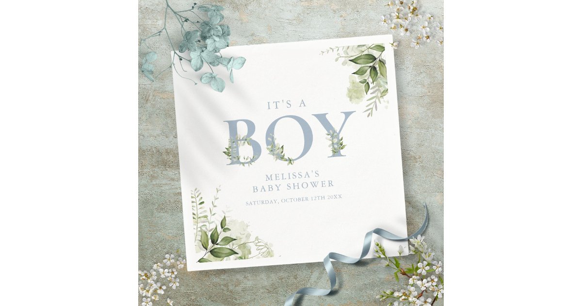Its A Boy Greenery Dusty Blue Letter Baby Shower Napkins | Zazzle