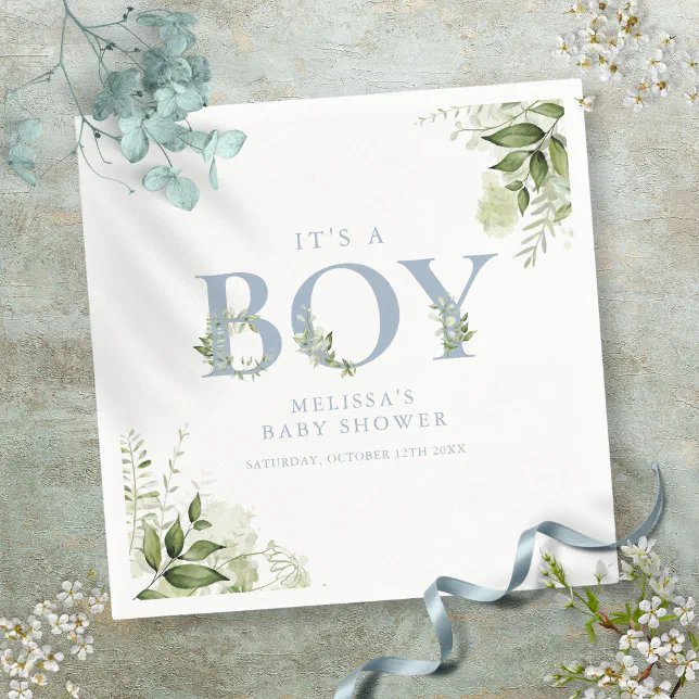 Its A Boy Greenery Dusty Blue Letter Baby Shower Napkins | Zazzle