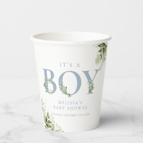 Its A Boy Greenery Dusty Blue Letter Baby Shower Paper Cups