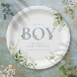 Its A Boy Greenery Dusty Blue Letter Baby Shower Paper Plates<br><div class="desc">It's a boy baby shower paper plate featuring elegant dusty blue typography and pretty botanical greenery foliage. Designed by Thisisnotme©</div>