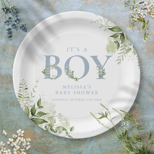 Its A Boy Greenery Dusty Blue Letter Baby Shower Paper Plates (Its A Boy Greenery Dusty Blue Letter Baby Shower Paper Plates)