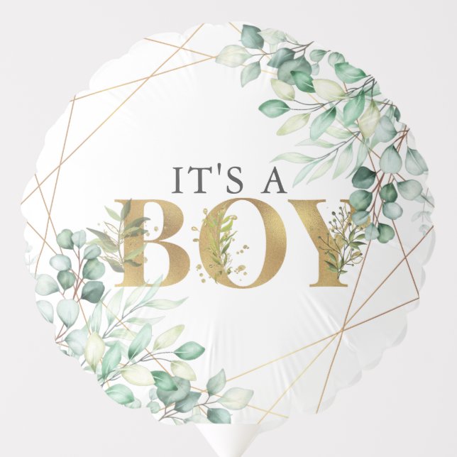 Its a Boy Greenery Eucalyptus Gold Baby Shower Balloon (Front)