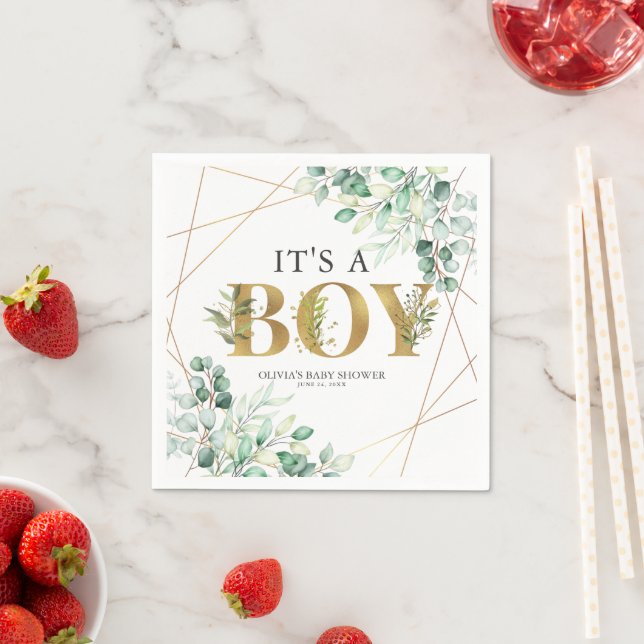 Its a Boy Greenery Eucalyptus Gold Baby Shower Napkins (Insitu)