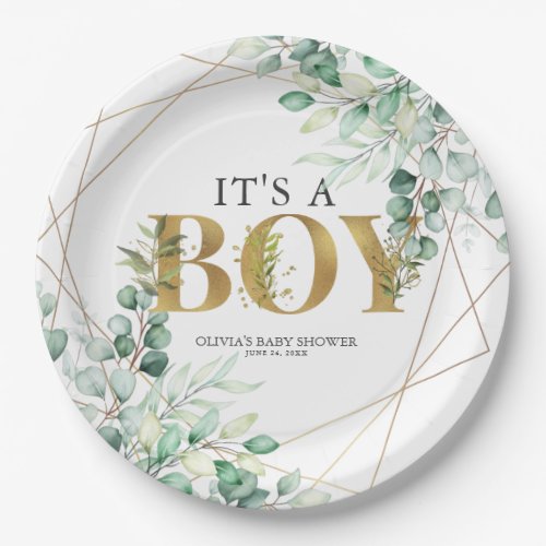 Its a Boy Greenery Eucalyptus Gold Baby Shower Paper Plates