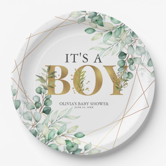 Its a Boy Greenery Eucalyptus Gold Baby Shower Paper Plates (Front)
